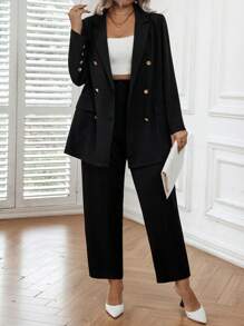 Calvaya Plus Double Breasted Blazer & Pants - Black - View 4