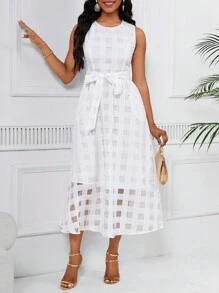SHEIN Lady Women's Sleeveless Round Neck Pocket Shift Dress - White - View 4