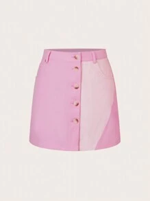 SHEINNeu 女款拼色前足扣開叉半身裙 - 粉色 - 查看 1