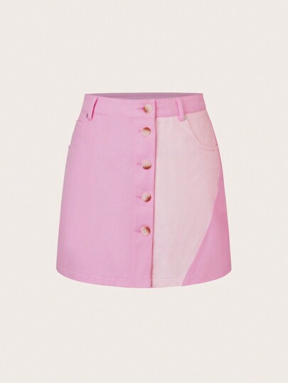 SHEINNeu Falda De Botón De Colorblock Para Mujer Con Abertura Frontal