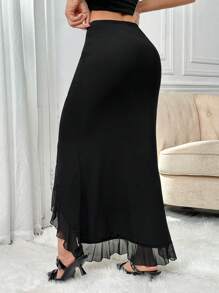 SHEIN ICON Falda Negra Larga Y2k De Cintura Baja Con Dobladillo Asimétrico Con Volantes Y Abertura - Negro - Ver 8