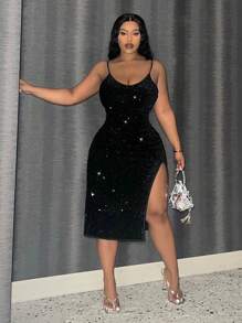 Slaydiva Slayr 加大码优雅亮片紧身开衩连衣裙，适合情人节、派对、约会之夜、俱乐部装扮 - 黑色 - 查看 5