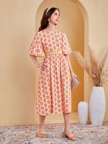 SHEIN Leap Crew Teen Girl's Jacquard Floral Printed Trumpet Sleeve Dress With Gold Waistband Decor And Embroidery - Orange - View 6