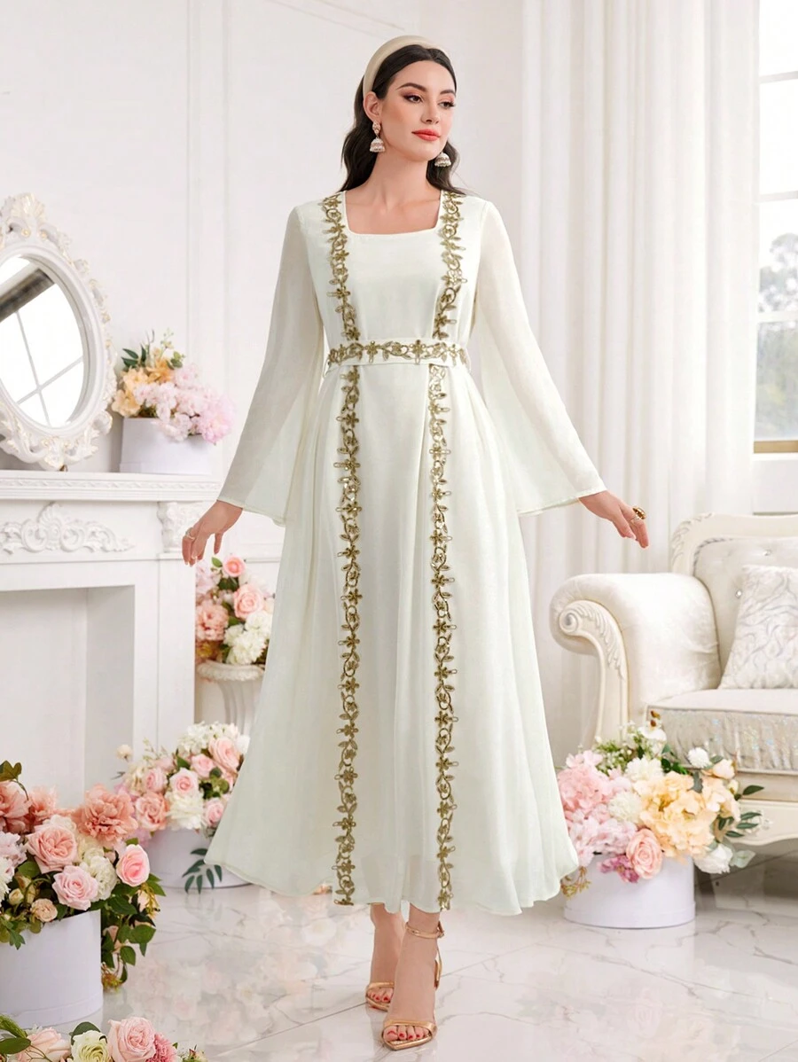 Al Najma Women's Bead Embellished Embroidery Square Neck Arabian Dress, Modest - Apricot - View 1