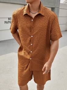 Manfinity Homme Męski Rozmiar Plus Teksturowane Krótki Rękaw Koszula I Szorty - Brązowy - Zobacz 3