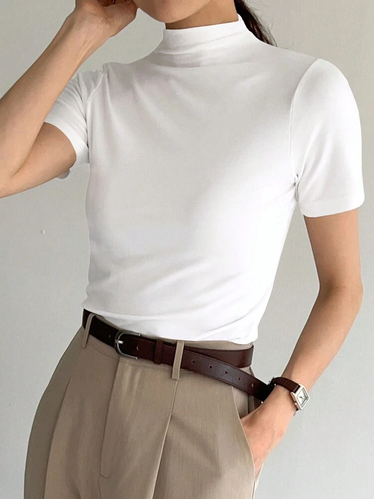 Women's Plain Short Sleeve Stand Collar T-Shirt