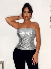 SHEIN SXY Ladies' Silver Metallic Sparkling Strapless Top - Silver - View 3