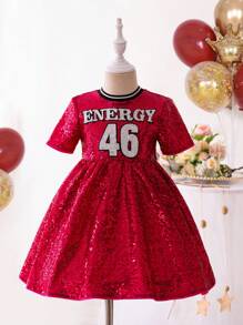 SHEIN Young Girls' Fashionable Sports Style Sequined Digital - Letter Pattern Short Sleeve Dress With Round Neck - Hot Pink - View 1