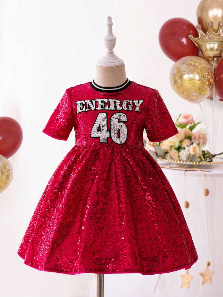 Young Girls' Fashionable Sports Style Sequined Digital - Letter Pattern Short Sleeve Dress With Round Neck