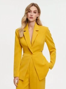 BizChic Của phụ nữ Màu thuần Ngực đơn Dài Áo vest Bộ đồ - Màu vàng - Xem 6