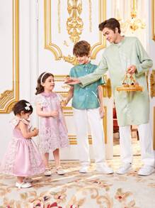 SHEIN Young Girl Sibling Outfits Casual Contrast Color Lace Collar A-Line Short Sleeve Dress