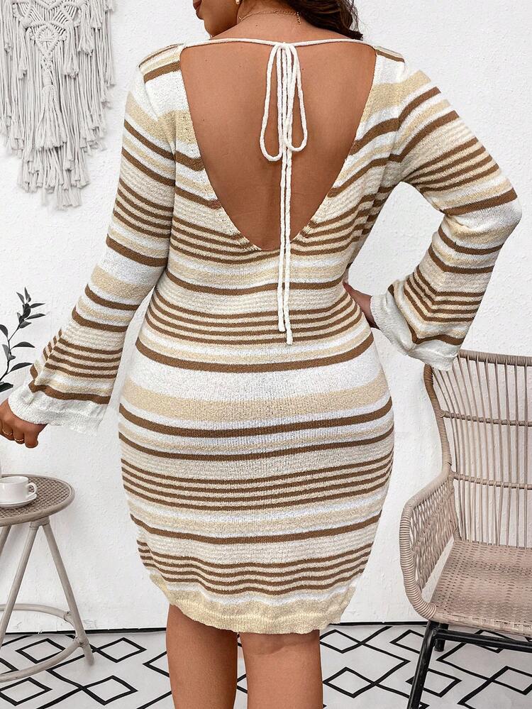 Plus Size Colorblock Striped Open Back Sweater Dress With Waist Tie