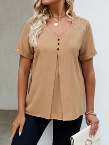 SHEIN LUNE Women's V-Neck Short Sleeve Shirt - Apricot - View 4