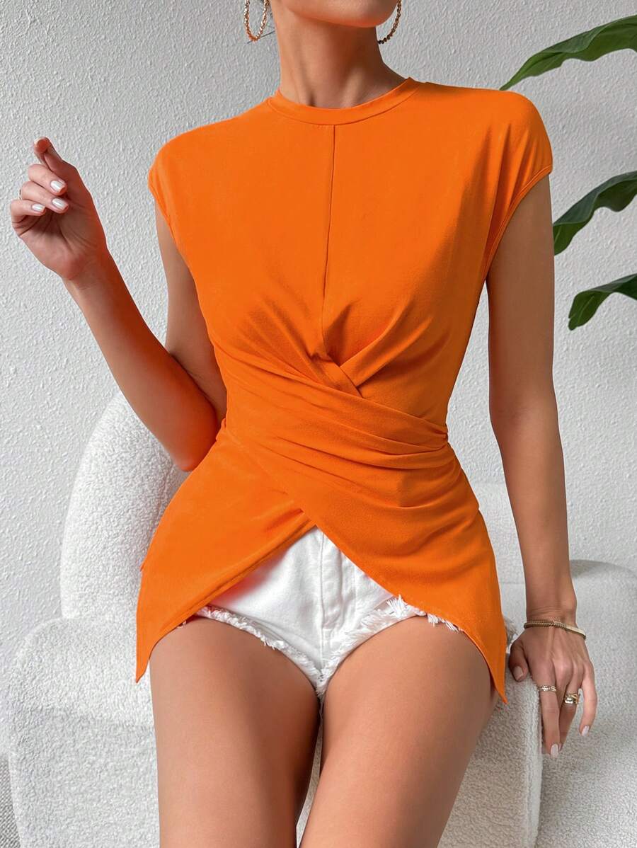 SHEIN Essnce Của phụ nữ Giải trí Kỳ nghỉ trái cam Màu sắc Đan chéo Hem Màu thuần Áo thun Cho mùa hè - trái cam - Xem 1