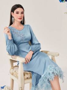 Modelyn Embroidered Patchwork Split Feather Hem Dress Long Evening Dresses Fall Cloth For Women - Blue - View 4