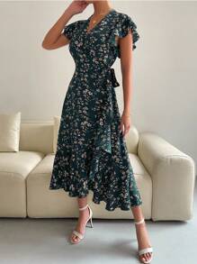 Breezaya Women's Floral Printed Ruffle Sleeve Dress Maxi Women Outfit - Dark Green - View 7