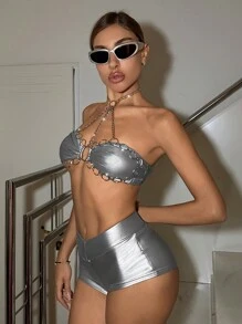 SHEIN ICON Chuỗi kim loại Trang trí Áo hai dây & Thấp-Nâng cao Ngắn Bộ quần short - Bạc - Xem 4