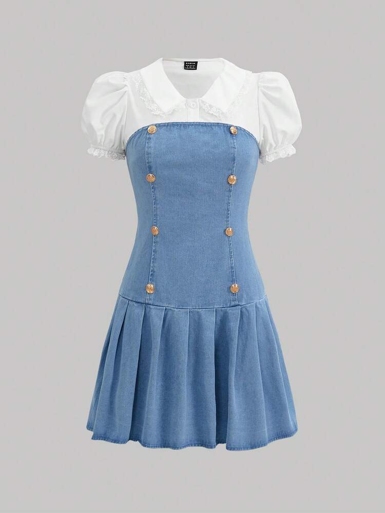 Women's Colorblock Puff Sleeve Denim Dress