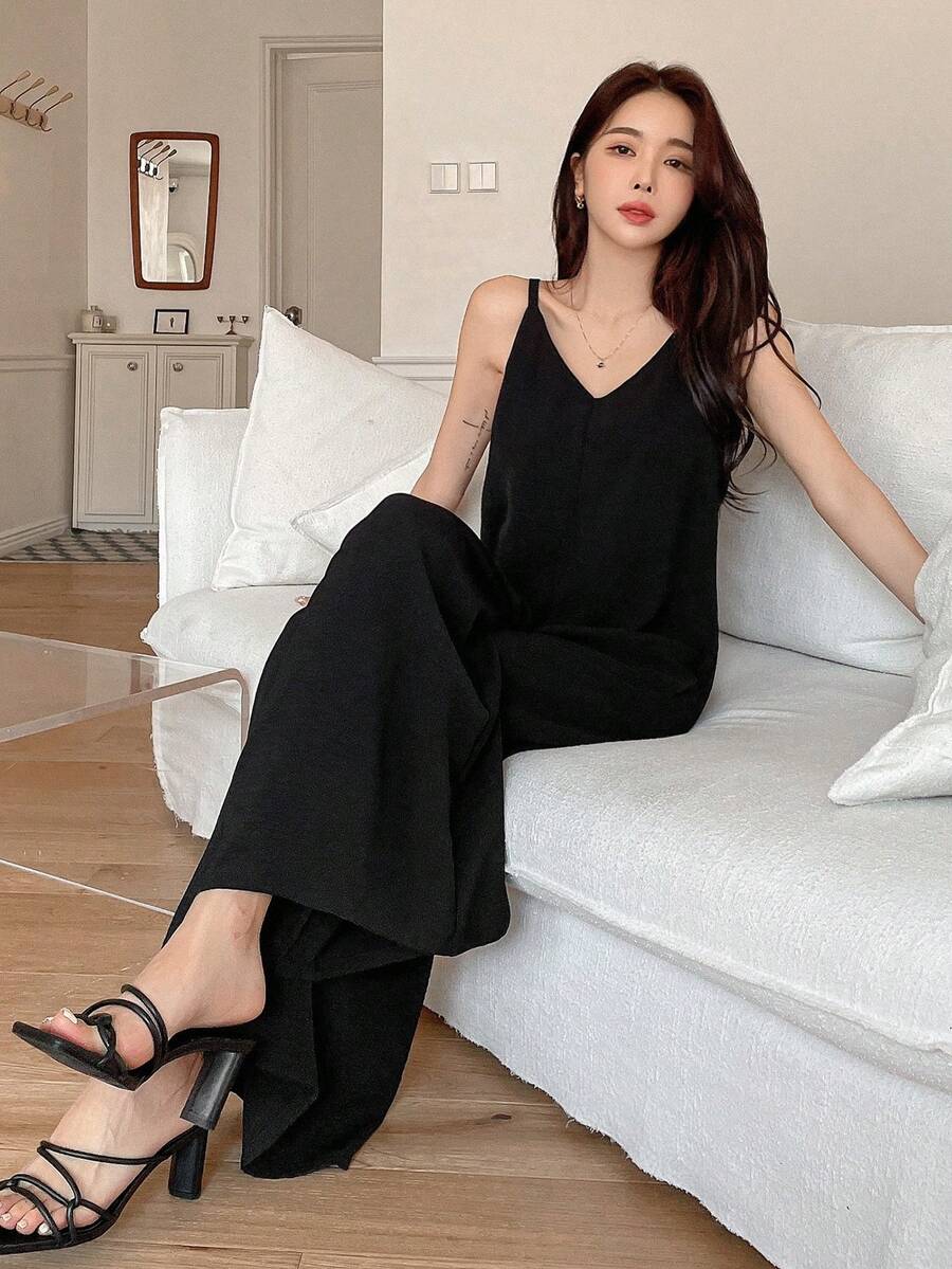 DAZY Của phụ nữ Màu thuần Lỏng lẻo phù hợp Áo liền quần ống rộng Với Dây đai - màu đen - Xem 1