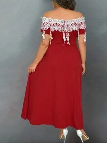 SHEIN Clasi Plus Off Shoulder Guipure Lace Insert High Low Hem Dress - Red - View 2