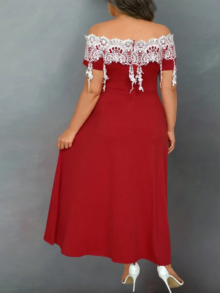 Plus Off Shoulder Guipure Lace Insert High Low Hem Dress