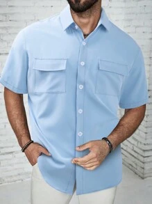 Manfinity Homme Men's Solid Color Short Sleeve Shirt - Baby Blue - View 1