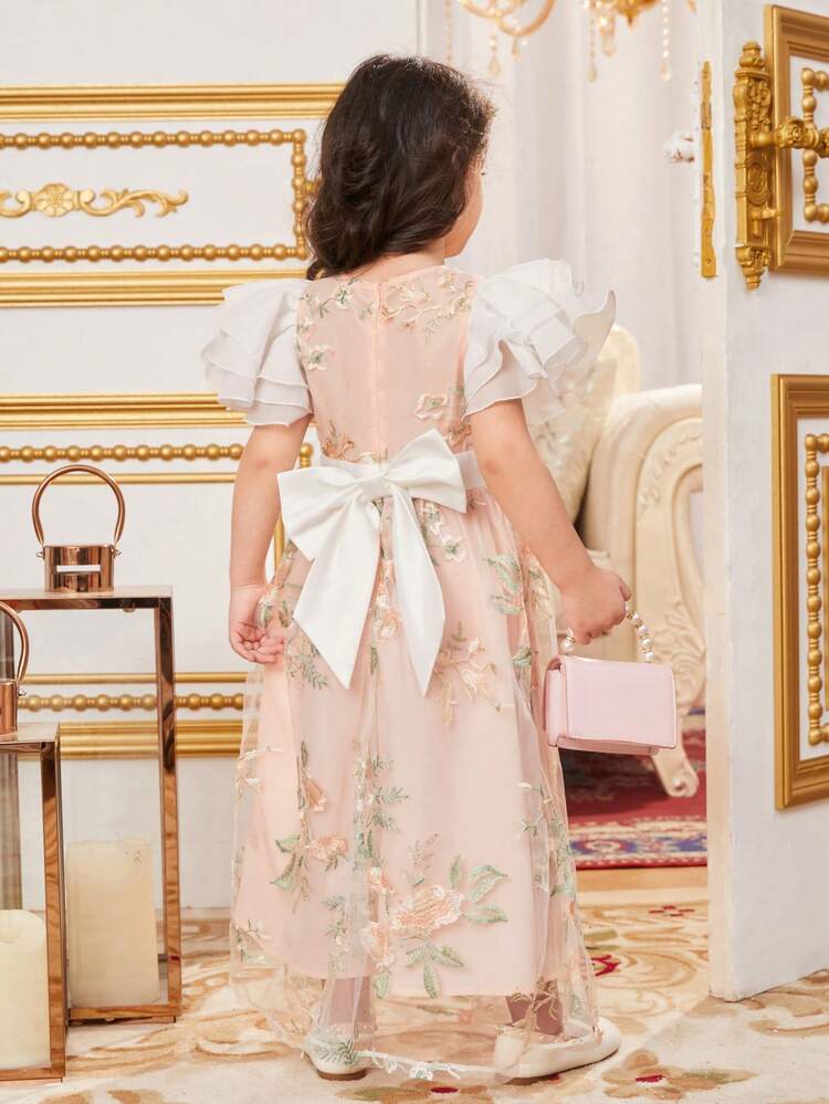 Young Girls' Embroidered Mesh Dress With Color Blocking And Ruffle Trim