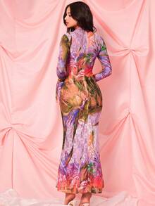 情人节喇叭袖蕾丝鱼尾连衣裙，女士哥特式性感圣诞服装 - 彩色 - 查看 2