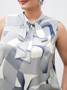 BizChic Plus Size Sleeveless Striped Print Tie-Neck Blouse - Blue - View 7
