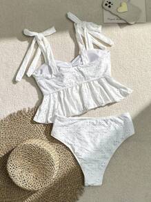 Swim Mod Summer Beach Ladies' Plain Hollow Out Embroidery Tank Bikini Set - White - View 3