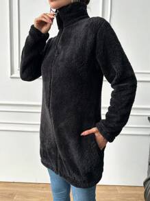 EURMUSE Solid Zip Up Teddy Jacket - Black - View 3