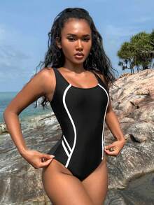 Đồ bơi một mảnh hở lưng, dây chéo dành cho nữ, thích hợp mặc vào mùa hè, đi biển, bơi lội, đi nghỉ mát - Đen và trắng - Xem 5