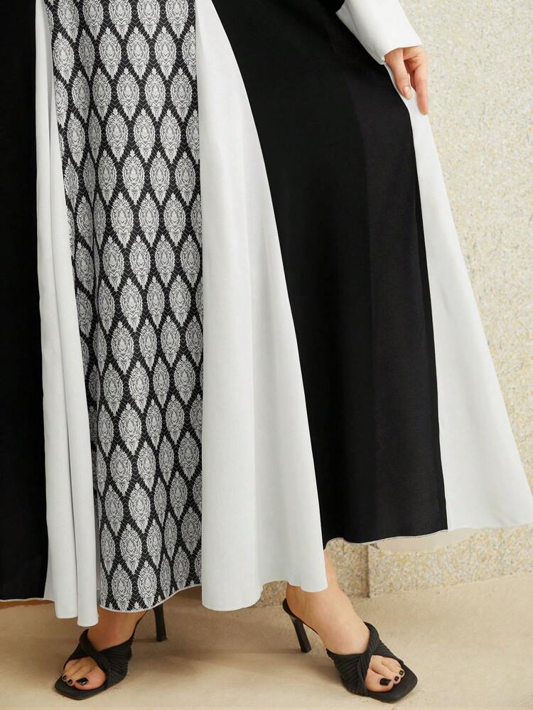Women's Geometric Pattern V-Neck Long Sleeve Color Block Dress