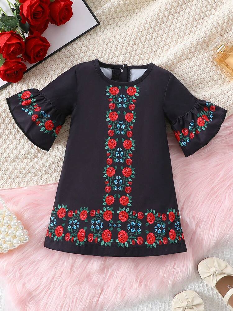 Baby Girl's Bohemian Style Rose Print Straight Dress With Mid-Length Sleeves
