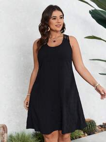 SHEIN VCAY Plus-Size Spring/Summer Vacation Back Hollowed-Out Neckline Fabric Dress - Black - View 2