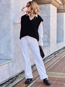 EURMUSE Solid Split Hem Sweater Vest Without Blouse - Black - View 3