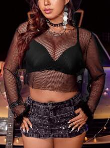 Calvaya 大尺碼1件透視網眼短上衣 - 黑色 - 查看 3