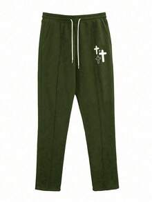 Manfinity EMRG Pantalones De Chándal Para Hombre Con Cintura Con Cordón Y Patrón De Cruz - Verde militar - Ver 4
