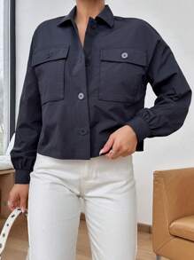 RueChic Flap Pocket Drop Shoulder Jacket - Black - View 4