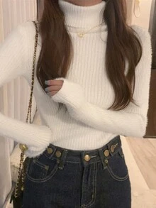 女式纯色高领长袖修身毛衣，秋冬 - 白色 - 查看 7