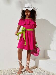 SHEIN Vestido Sin Hombros De Verano Y Primavera Y Vestido Casual Plisado Para Niñas Preadolescentes