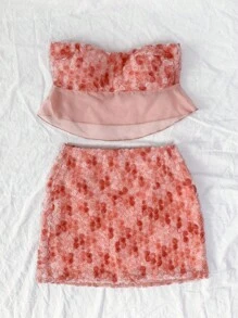 Soleia Women Two-piece Outfits Appliques Kontras Mesh Lettuce Trim Bunga Seksi - Berwarna merah muda - View 2