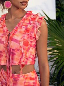 LASSALLE Blusa corta con diseño estampado todo sobre de malla, con volantes y cierre delantero con lazo, para mujer, para verano, vacaciones, salir, festival