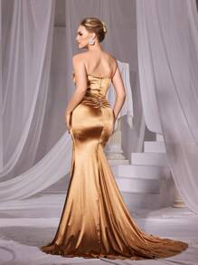Twist Front Spit Thigh Satin Tube Formal Dress - Champagne - View 2