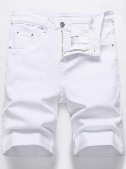 Manfinity Homme Pantaloni scurți din denim pentru bărbați, cu picior drept, simpli, complet albi, stil formal de vacanță