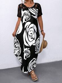 SHEIN LUNE 大尺碼女性花卉印花接合蕾絲短袖連衣裙 - 黑與白 - 查看 7