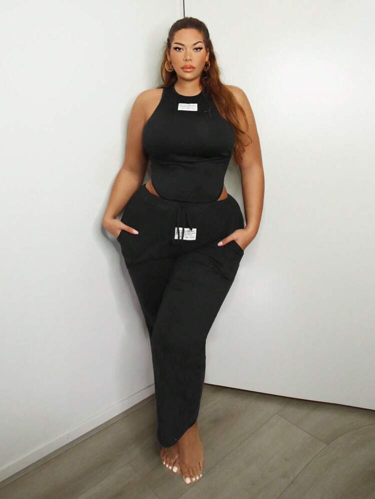 Plus Size Women's Comfortable Sport Double-Sided Fleece Letter Patch Sweatpants