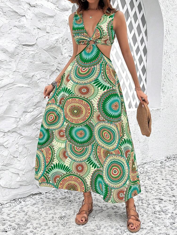 Women's Sleeveless Cut Out Waist Full Pattern Print Dress