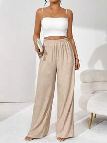 SHEIN Essnce Solid Color Textured Elastic Waist Wide Leg Pants - Brown - View 5