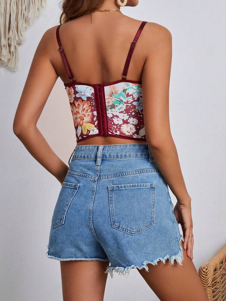 Women's Lace Trim Floral Pattern Cropped Bustier Camisole Tank Top